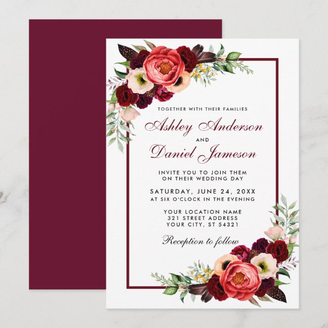 Convite de casamento Floral Burgundy Watercolor (Frente/Verso)