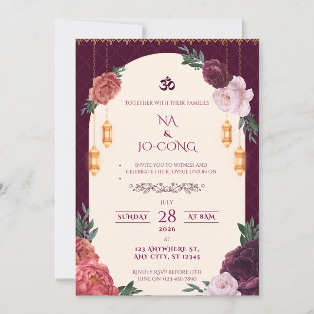 Convite de Casamento Floral Carmesim TigerNa (Frente)