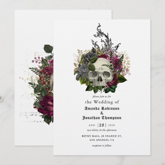 Convite de Casamento Floral Caveira Halloween Góti (Frente/Verso)