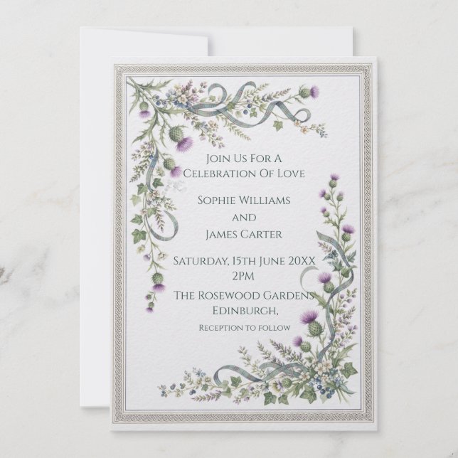 Convite de Casamento Floral Celta Prateado (Frente)