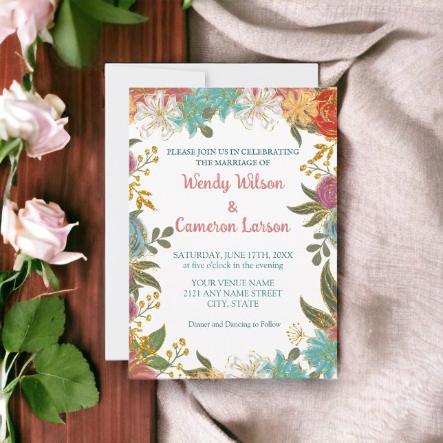 Convite de Casamento Floral Chic Teal Ferrugem (Criador carregado)
