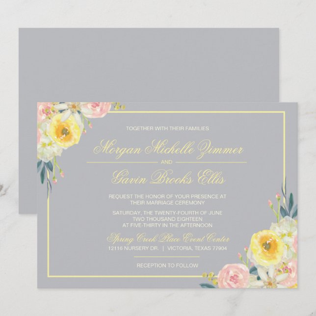 Convite de Casamento Floral Cinza e Amarelo (Frente/Verso)
