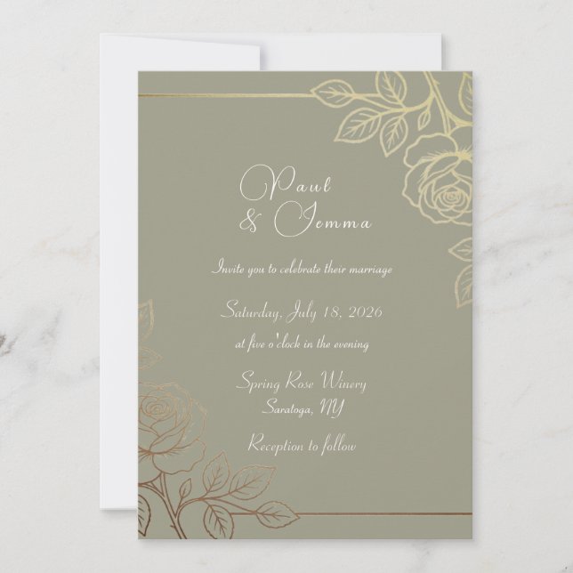 Convite de Casamento Floral Cinza e Dourado (Frente)