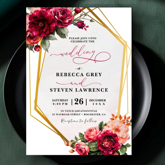 Convite de casamento floral cinza vermelho chique (Criador carregado)