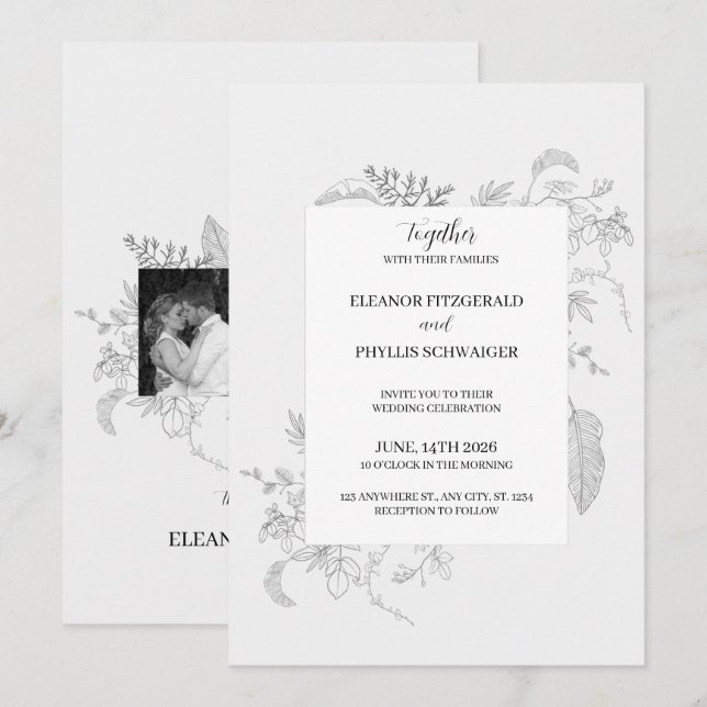 Convite de Casamento Floral Cinza Vintage (Frente/Verso)
