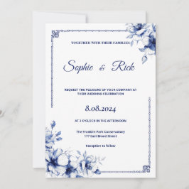 Convite de casamento floral clássico azul