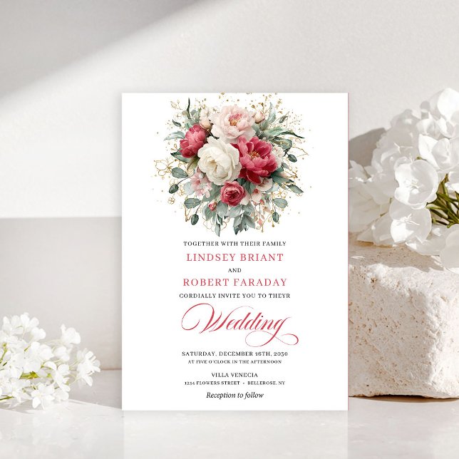 Convite de Casamento Floral Clássico Boho Vermelho (Classic Boho Red Blush Gold Floral Wedding Invite

)