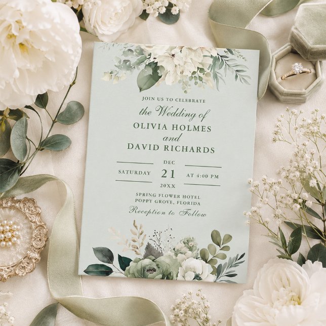 Convite de Casamento Floral Clássico em Verde Sage (Soft Sage Green Floral Classic Wedding Invitation)