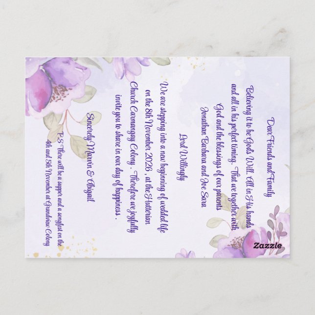 Convite de Casamento Floral com Aquarela Azul Roxo (Verso)