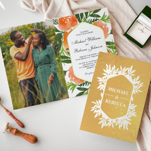 Convite de Casamento Floral com Aquarela Laranja e