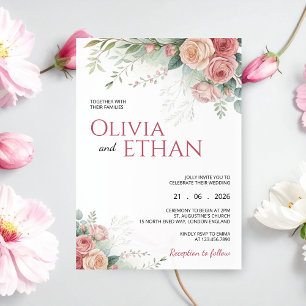 Convite de Casamento Floral com Aquarela Rosa Blus