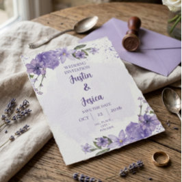 Convite de Casamento Floral com Aquarela Roxa