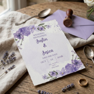 Convite de Casamento Floral com Aquarela Roxa