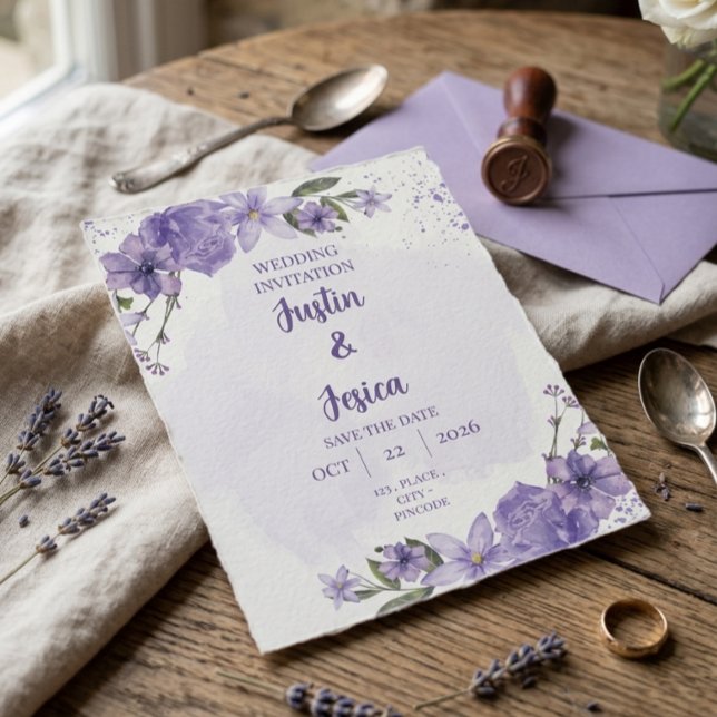 Convite de Casamento Floral com Aquarela Roxa (Criador carregado)