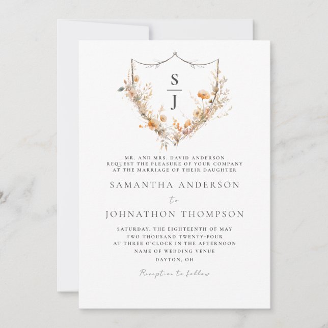 Convite de Casamento Floral com Brasão de Monogram (Frente)