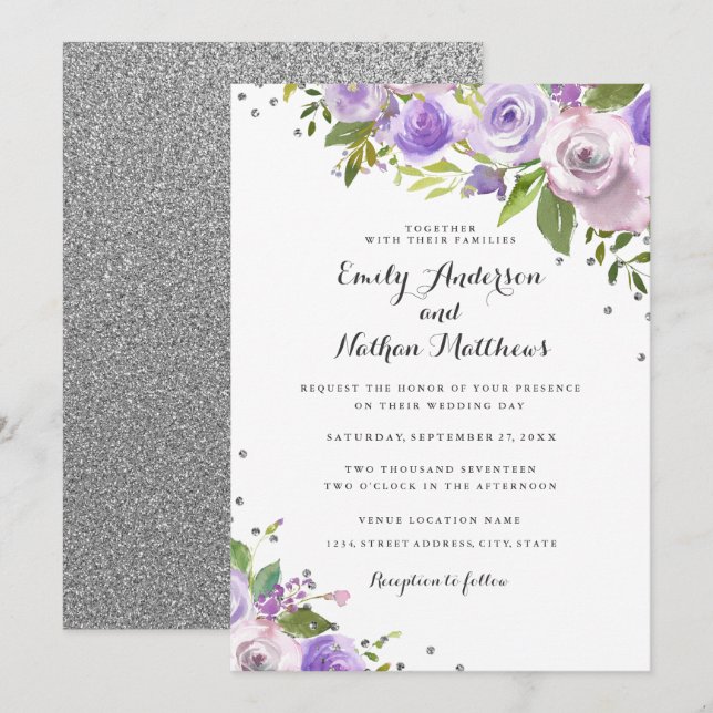 Convite de Casamento Floral com Brilho Prateado Ro (Frente/Verso)