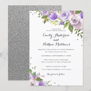 Convite de Casamento Floral com Brilho Prateado Ro