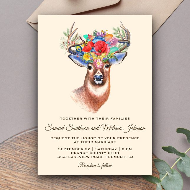 Convite de Casamento Floral com Cervo Boêmio Rústi (Criador carregado)