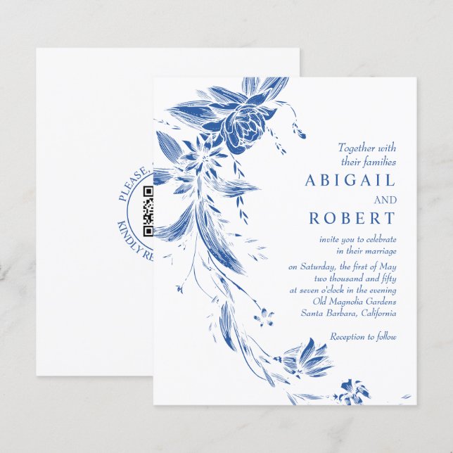 Convite de casamento floral com código QR azul ORÇ (Frente/Verso)