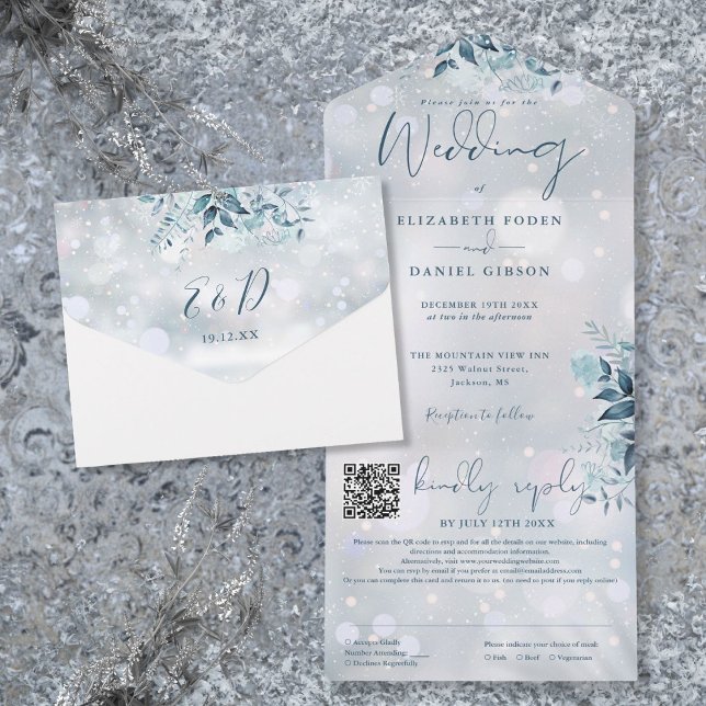 Convite de Casamento Floral com Código QR de Floco (Winter Snowflakes Floral QR Code Wedding All In One Invitation)