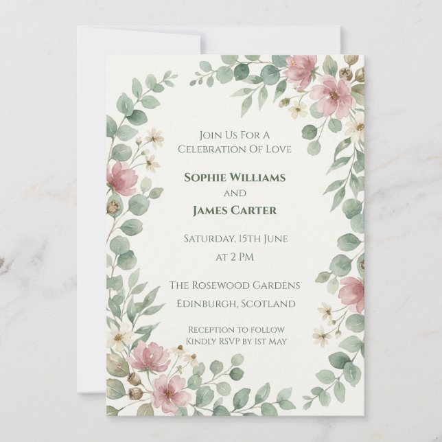 Convite de Casamento Floral com Eucalipto Rosa (Frente)