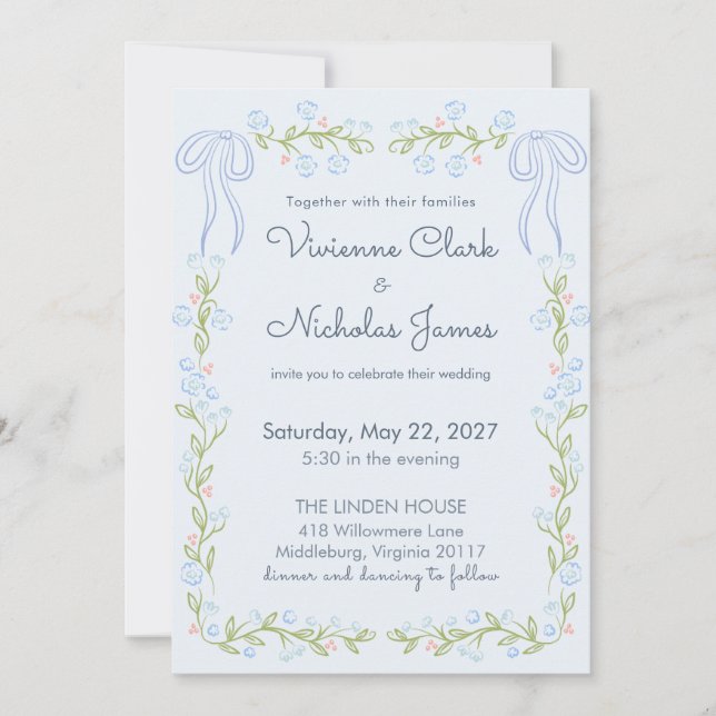 Convite de Casamento Floral com Fita Jardim Pastel (Frente)