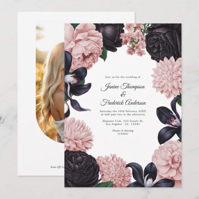 Convite de Casamento Floral com Foto/Código QR Pre (Frente/Verso)