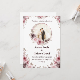 Convite de Casamento Floral com Foto Rosa e Branco