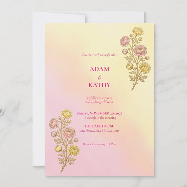 Convite de Casamento Floral com Gradiente Rosa Ama (Frente)