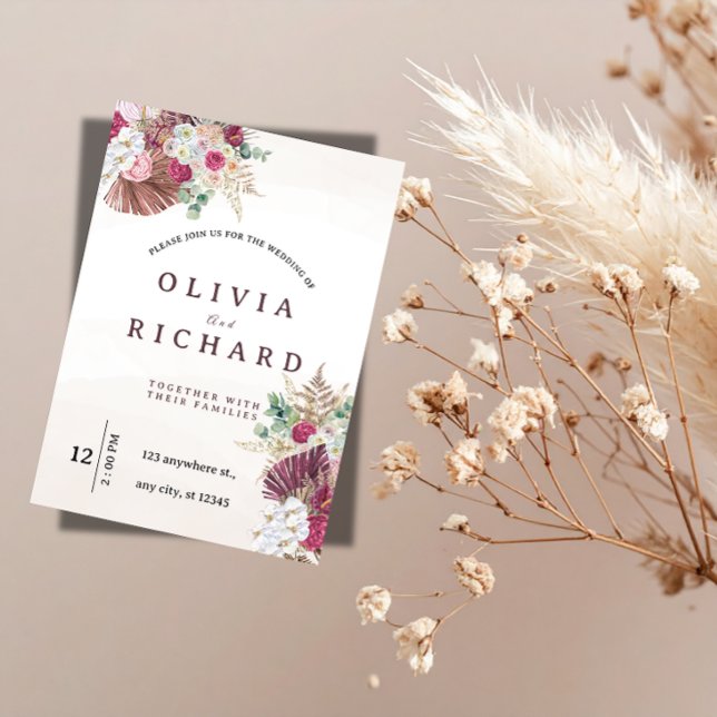 Convite de Casamento Floral com Grama de Pampas Bo (Criador carregado)