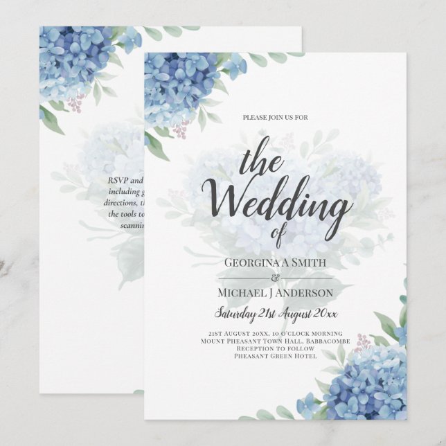 Convite de Casamento Floral com Hortênsia Azul Mod (Frente/Verso)