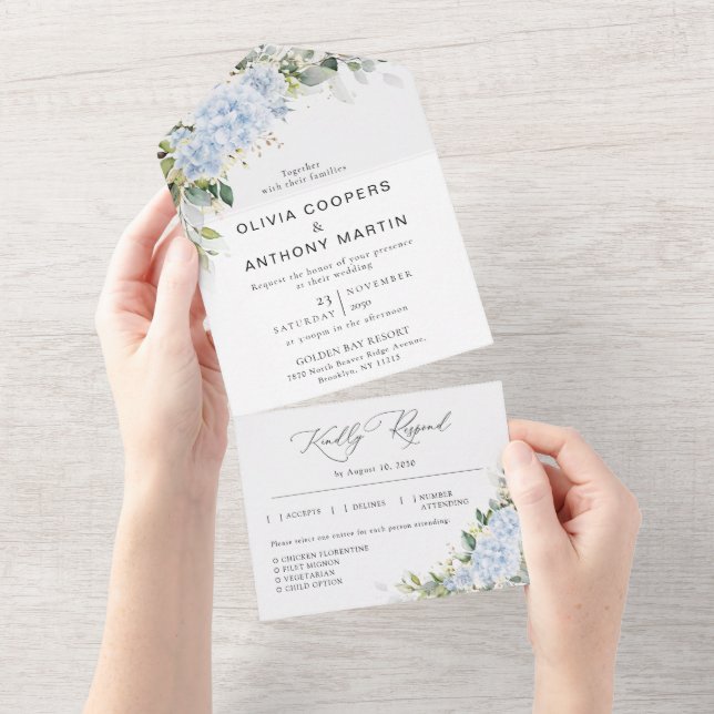 Convite de Casamento Floral com Hortênsia Azul Tud (Aba destacável)