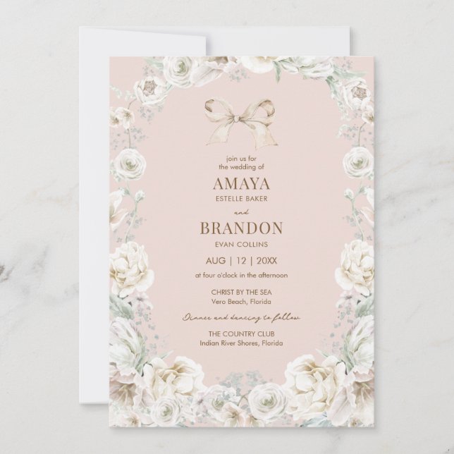 Convite de Casamento Floral com Laço Rosa Coquete (Frente)