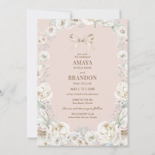 Convite de Casamento Floral com Laço Rosa Coquete