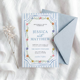 Convite de Casamento Floral com Listras Azuis