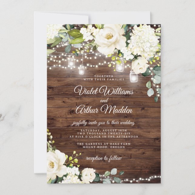 Convite de Casamento Floral com Luzes de Corda Rús (Frente)