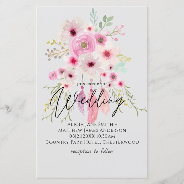 Convite de Casamento Floral com Pena Rosa Malva BO (Frente)