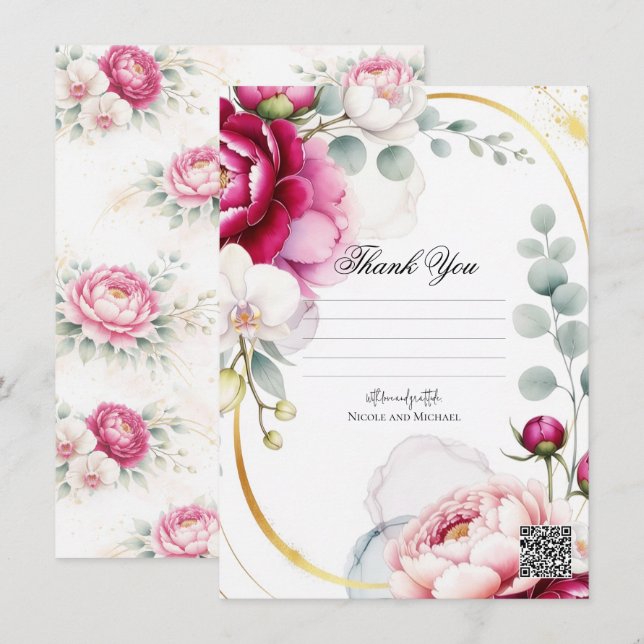 Convite de Casamento Floral com Peônias e Orquídea (Frente/Verso)
