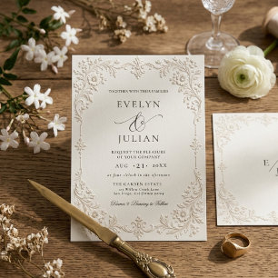 Convite de Casamento Floral com Relevo em Marfim
