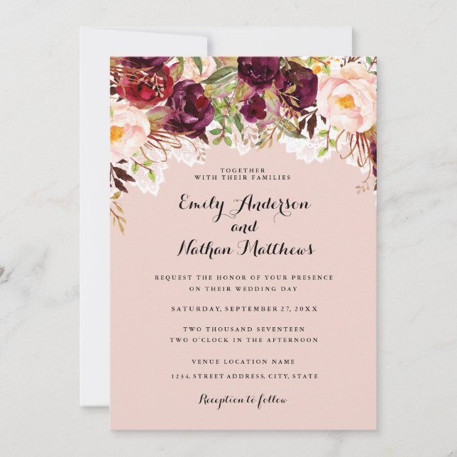Convite de Casamento Floral com Renda e Cor Burgun (Frente)