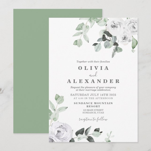 Convite de casamento floral com rosas brancas e fo (Frente/Verso)