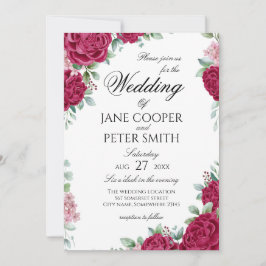 Convite de casamento floral com rosas vermelhas
