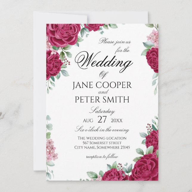 Convite de casamento floral com rosas vermelhas (Frente)
