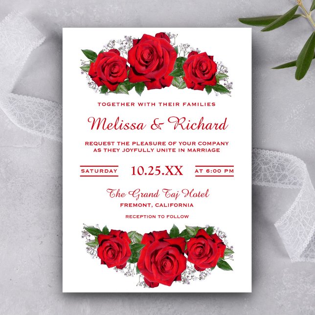 Convite de Casamento Floral com Rosas Vermelhas Ro (Criador carregado)