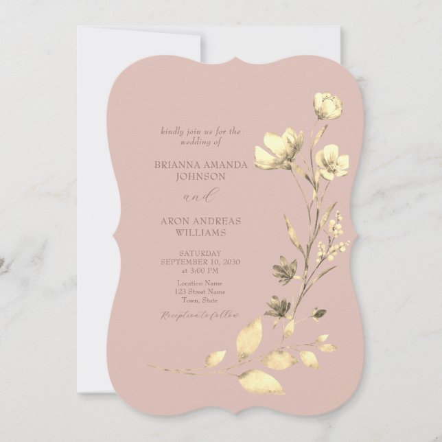 Convite de Casamento Floral com Suporte em Dourado (Frente)