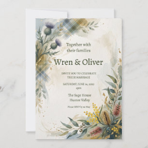 Convite de Casamento Floral com Tartã Escocesa e C