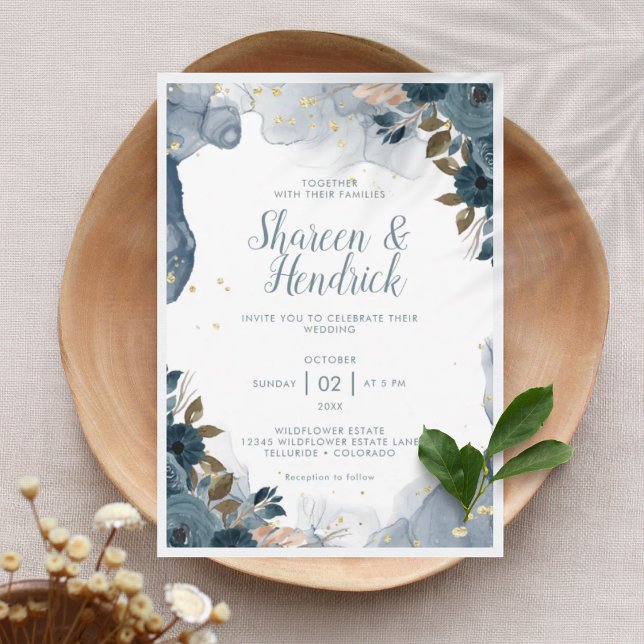 Convite de Casamento Floral com Tinta Alcoólica Az (Criador carregado)