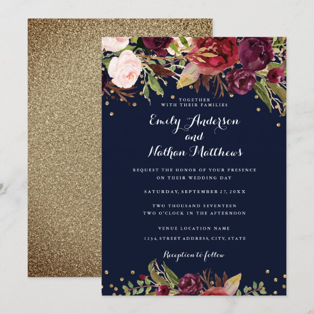 Convite de Casamento Floral Confete Burgundy Navy (Frente/Verso)