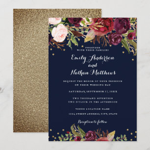 Convite de Casamento Floral Confete Burgundy Navy