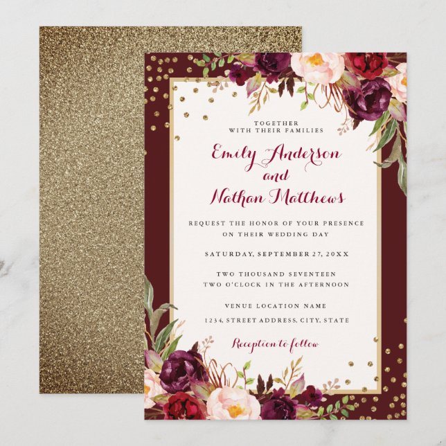 Convite de Casamento Floral Confete Dourado Borgon (Frente/Verso)
